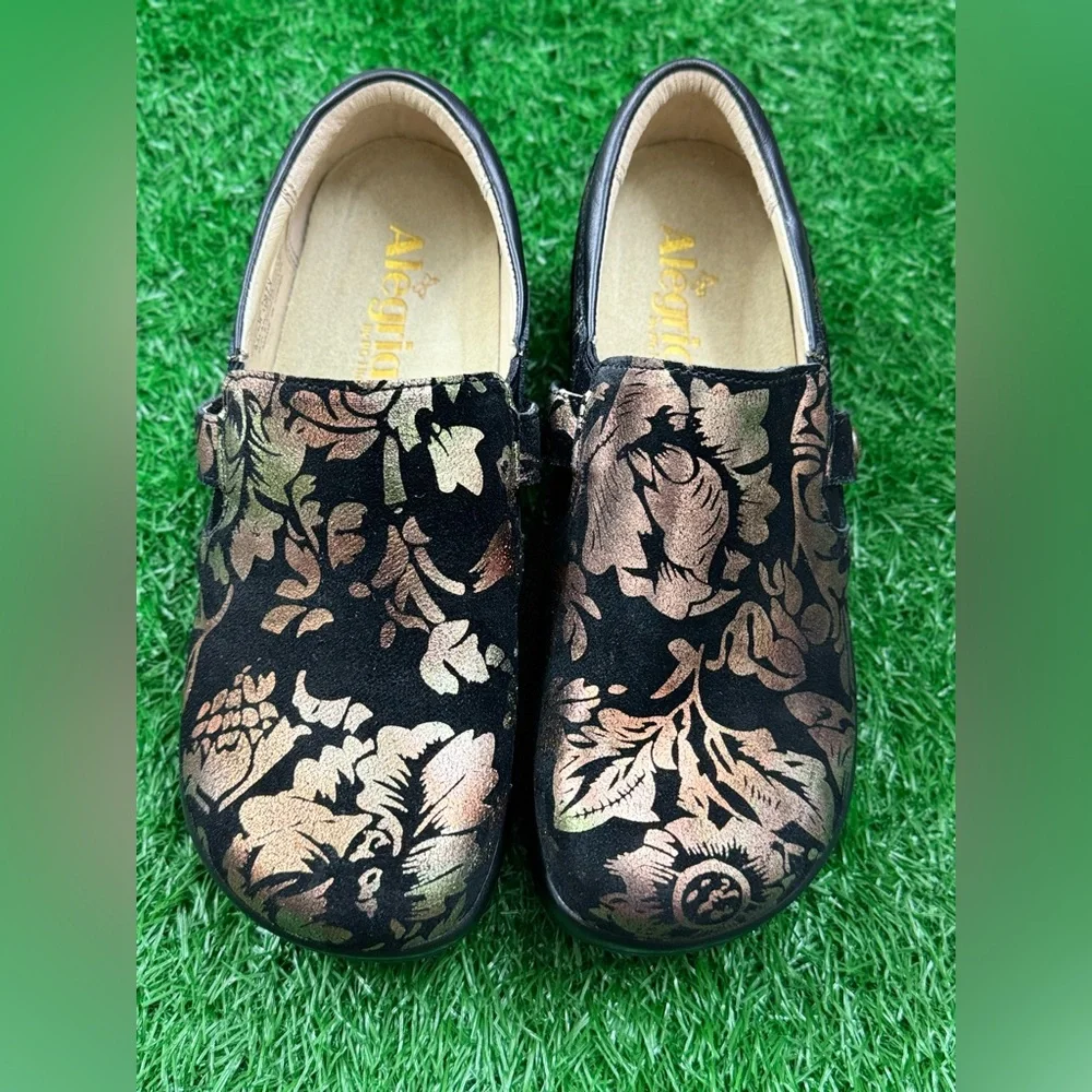 Alegria Clogs Size 40 KARA Regal Copper Black Floral‎ Suede KAR-557X Size 36